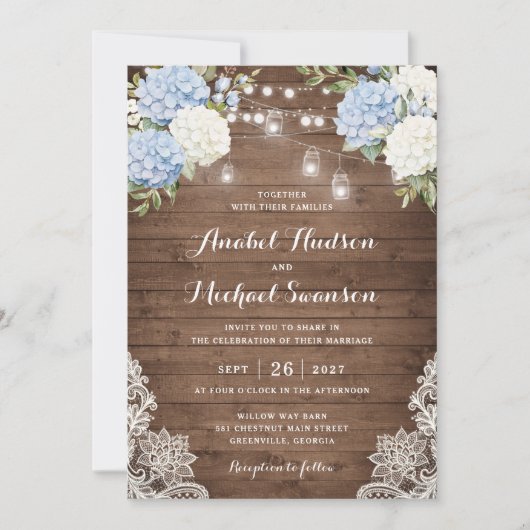 Blauwe Hydrangea Houten Kant String Licht Bruiloft Kaart (Voorkant)