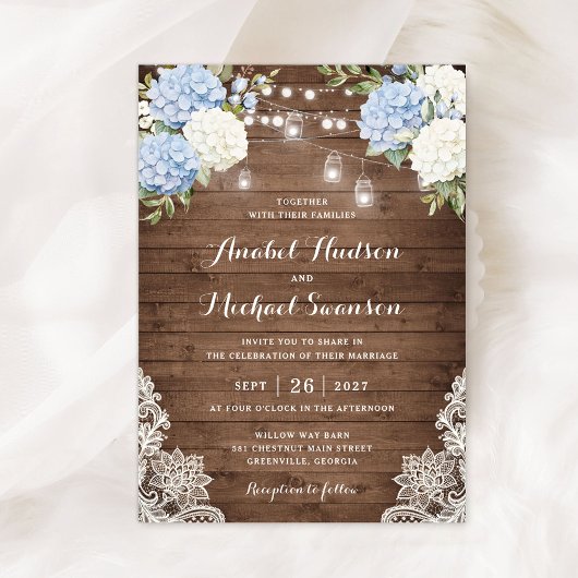 Blauwe Hydrangea Houten Kant String Licht Bruiloft Kaart