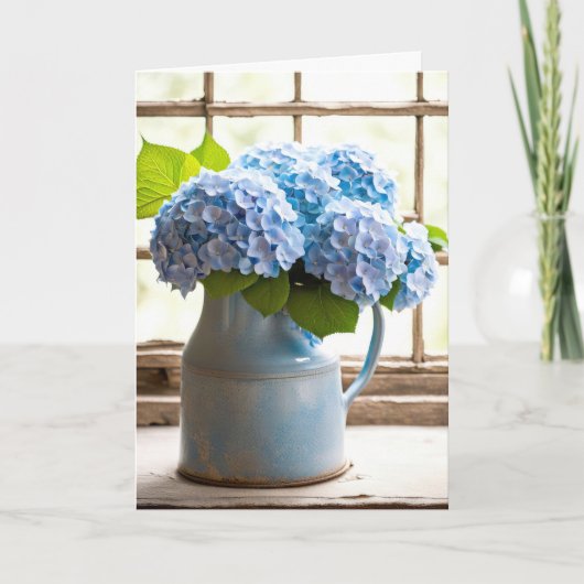Blauwe Hydrangea Jubileum Boeket In Ruit Kaart (Voorkant)