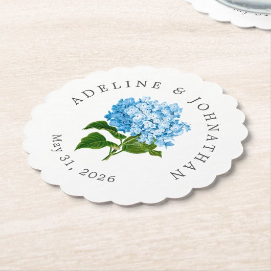 Blauwe Hydrangea Koppels Naam en trouwdatum Kartonnen Onderzetters (Gekanteld)