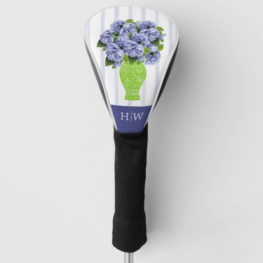 Blauwe Hydrangea Kust Bloemenvase Monogram Golfheadcover (Voorkant)