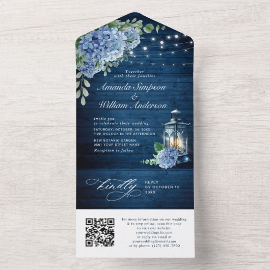 Blauwe Hydrangea Lantaarn Houten Bruiloft QR-code All In One Uitnodiging (Binnen)