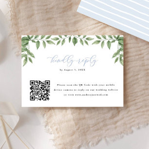 Blauwe Hydrangea Leaf QR Code Kalligrafie Beantwoo RSVP Kaartje