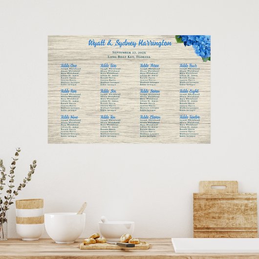 Blauwe hydrangea Licht Rood Tafelzitje Poster (Keuken)