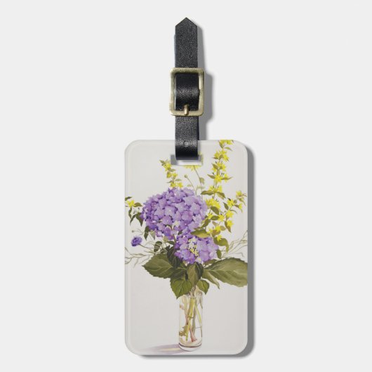 Blauwe hydrangea met gele losestrife bagagelabel (Voorkant verticaal)