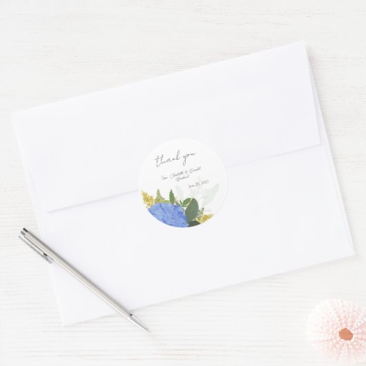 Blauwe Hydrangea Moderne Bloemen Bruiloft Dank u Ronde Sticker (Envelop)