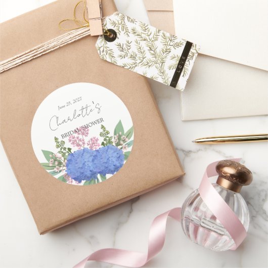 Blauwe Hydrangea Moderne Bloemrijke Bruidsdouche Ronde Sticker (Geschenken)