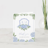 Blauwe Hydrangea Monogram Crest Borded Bruiloft Bedankkaart (Voorkant)