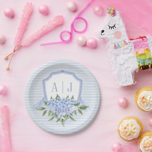 Blauwe Hydrangea Monogram Crest met Strepen Papieren Bordje (Feest)