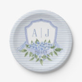 Blauwe Hydrangea Monogram Crest met Strepen Papieren Bordje (Voorkant)