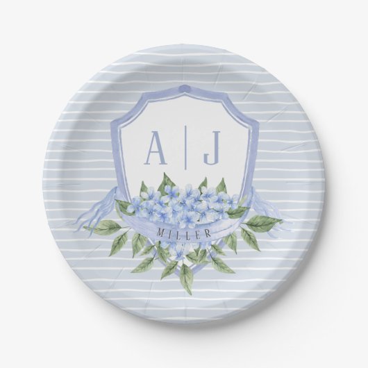 Blauwe Hydrangea Monogram Crest met Strepen Papieren Bordje (Voorkant)