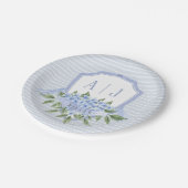 Blauwe Hydrangea Monogram Crest met Strepen Papieren Bordje (Gekanteld)