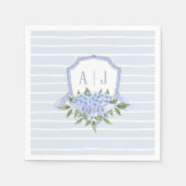 Blauwe Hydrangea Monogram Kam met Strepen Favor Servet (Voorkant)