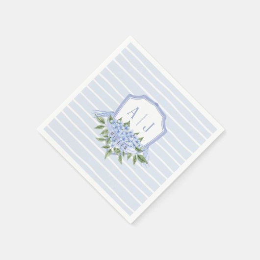 Blauwe Hydrangea Monogram Kam met Strepen Favor Servet (Hoek)