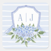 Blauwe Hydrangea Monogram Kam met Strepen Favor Vierkante Sticker (Voorkant)