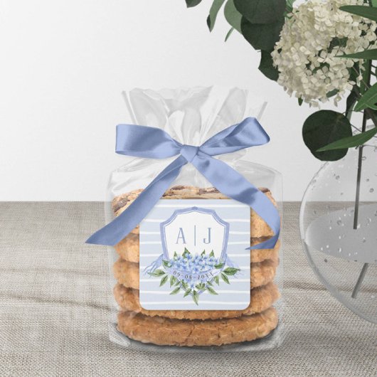 Blauwe Hydrangea Monogram Kam met Strepen Favor Vierkante Sticker