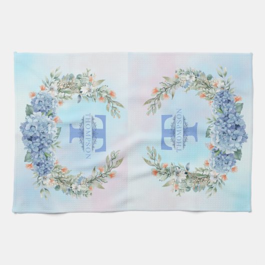 Blauwe Hydrangea Monogram Keukenhanddoek (Horizontaal)