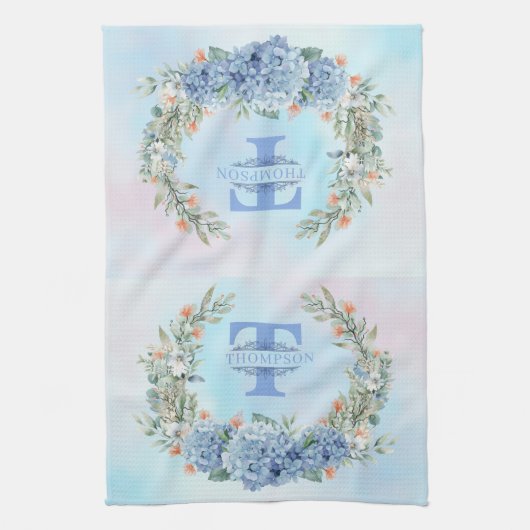 Blauwe Hydrangea Monogram Keukenhanddoek (Verticaal)