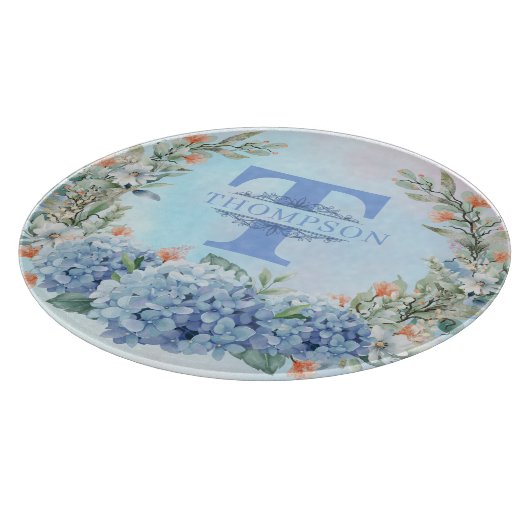 Blauwe Hydrangea Monogram Ronde snijplank (Hoek)