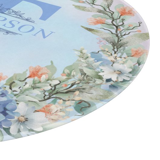 Blauwe Hydrangea Monogram Ronde snijplank (Hoek)