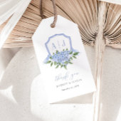 Blauwe Hydrangea Monogram Wapen Custom Bruiloft Cadeaulabel
