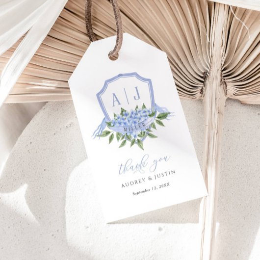 Blauwe Hydrangea Monogram Wapen Custom Bruiloft Cadeaulabel