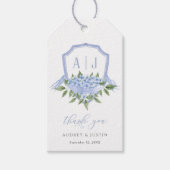 Blauwe Hydrangea Monogram Wapen Custom Bruiloft Cadeaulabel (Voorkant)