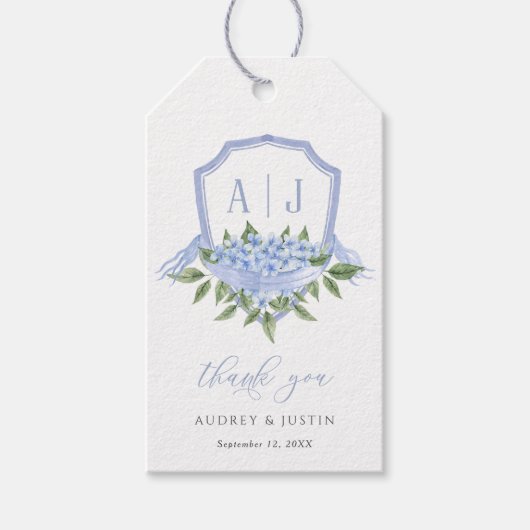 Blauwe Hydrangea Monogram Wapen Custom Bruiloft Cadeaulabel (Voorkant)