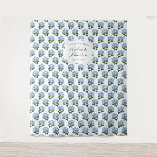 Blauwe Hydrangea Patroonbruiloft Achtergrond Wandkleed (Voorkant)