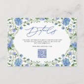 Blauwe Hydrangea QR Code Huwelijksdetails Informatiekaartje (Voorkant)