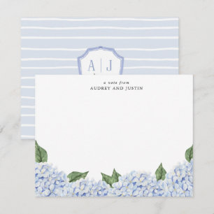 Blauwe Hydrangea Rand met Wapen, Gepersonaliseerd Notitiekaartje