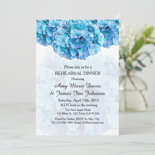 Blauwe hydrangea repetitie diner uitnodiging hydra (Staand voorkant)