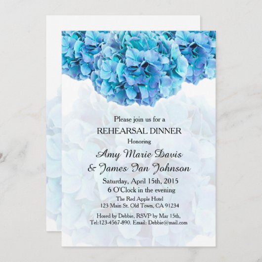 Blauwe hydrangea repetitie diner uitnodiging hydra (Voorkant / Achterkant)