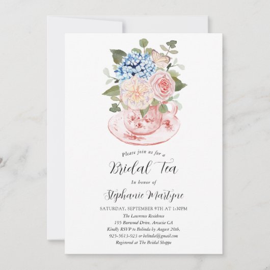 Blauwe Hydrangea Roze Bloemen Bruids Thee Douche Kaart (Voorkant)