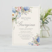 Blauwe Hydrangea Roze Bloemige Bruidsdouche Kaart (Staand voorkant)
