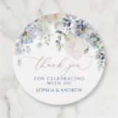 Blauwe Hydrangea & Roze Roze Bruiloft Favor Labels (Voorkant)