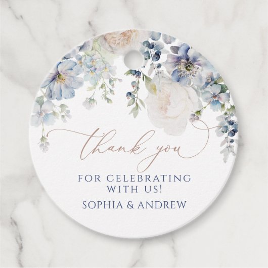 Blauwe Hydrangea & Roze Roze Bruiloft Favor Labels (Voorkant)