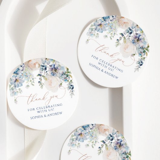 Blauwe Hydrangea & Roze Roze Bruiloft Favor Labels