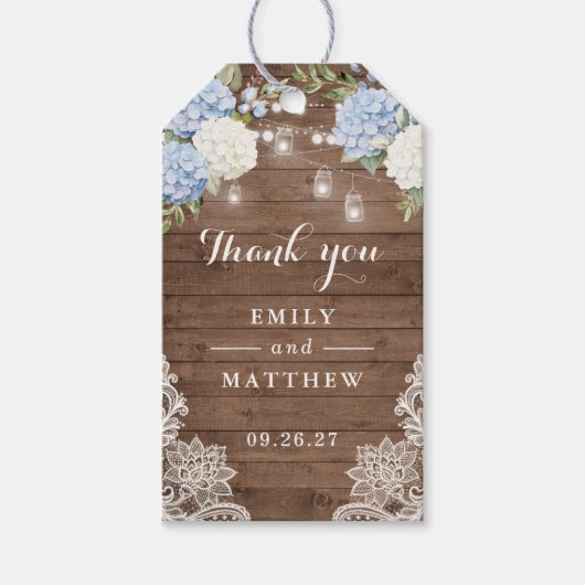 Blauwe Hydrangea Rustieke Houten Kant String Light Cadeaulabel (Voorkant)