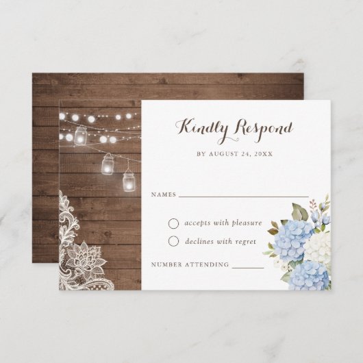 Blauwe Hydrangea Rustieke Houten Strijklichten RSV Kaart (Voorkant / Achterkant)