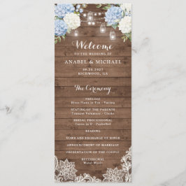 Blauwe Hydrangea rustieke houten string licht brui Programmakaart