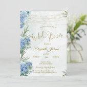 Blauwe Hydrangea Slingerlichten Bruidsfeest Kaart (Staand voorkant)