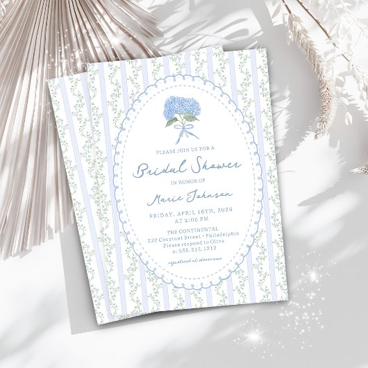 Blauwe Hydrangea Strepen Bruiloft Feest Uitnodigin Kaart