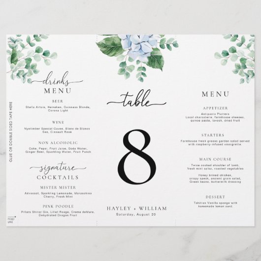 Blauwe Hydrangea Tri-Fold Bruiloft Menu Tafelnumme (Voorkant)