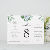 Blauwe Hydrangea Tri-Fold Bruiloft Menu Tafelnumme (Staand voorkant)