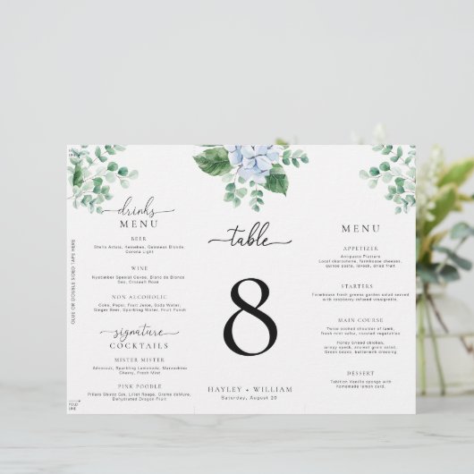 Blauwe Hydrangea Tri-Fold Bruiloft Menu Tafelnumme (Staand voorkant)