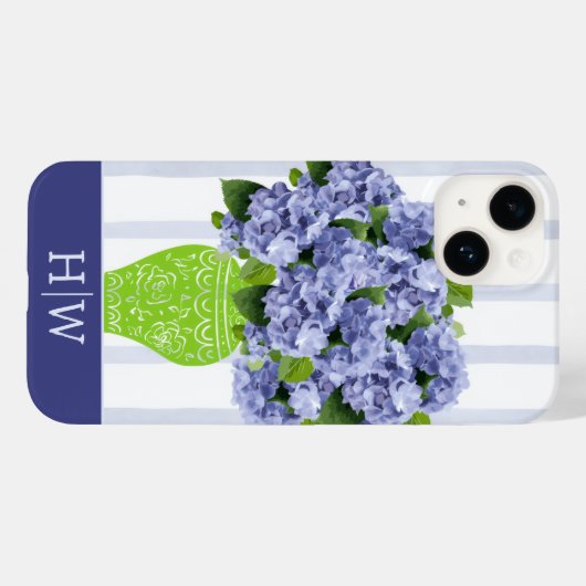 Blauwe Hydrangea Vaas Streep Monogram Kust Case-Mate iPhone Case (Achterkant (horizontaal))