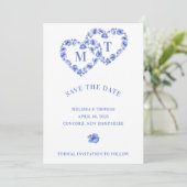 Blauwe Hydrangea verweven dubbel hart Save The Date (Staand voorkant)