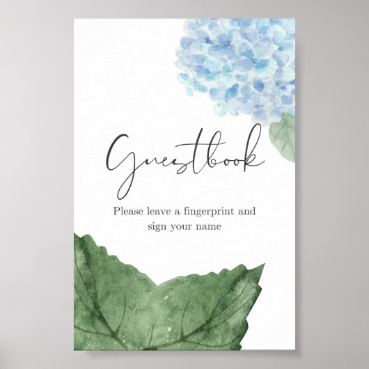 Blauwe Hydrangea vingerafdruk Gastenboek Teken Poster (Voorkant)