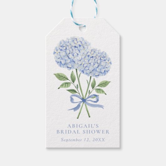 Blauwe Hydrangea Waterverf Bloemen met Boog Cadeaulabel (Voorkant)